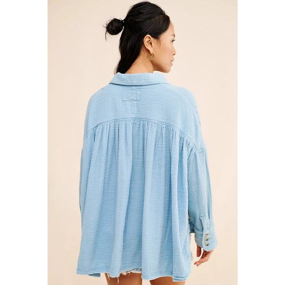 Free People Cardiff Oversized Top Size XL Blue Waffle Knit Boho Long Sleeve - Picture 13 of 13